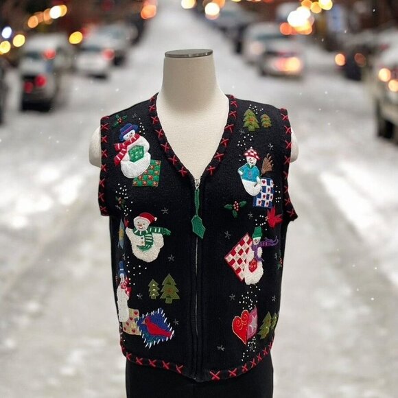 Fa La La Christmas Sweater Vest Embroidered Snowman Trees Cardinal Holiday - Picture 1 of 11
